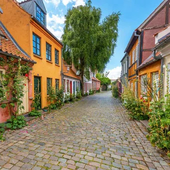 Street view of a traditional danish houses and cobbled paving.